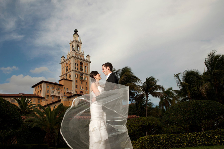 Veil blowing in the wind with the Biltmore Hotel in the background.
