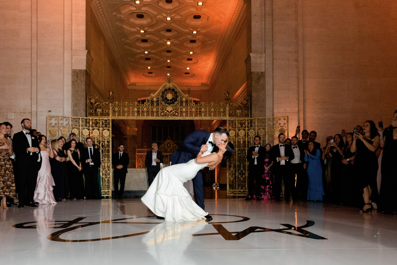 Bride and groom dancing at the Dupont building in downtown Miami during their first dance.