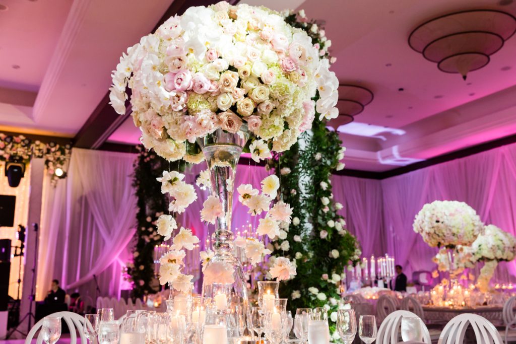 White and blush flowers in glass vases at the Mandarin Oriental on Brickell Key.