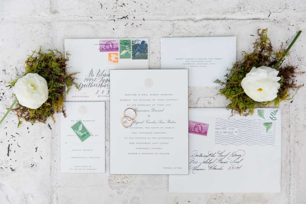 A wedding invitation for an at home wedding in Miami.