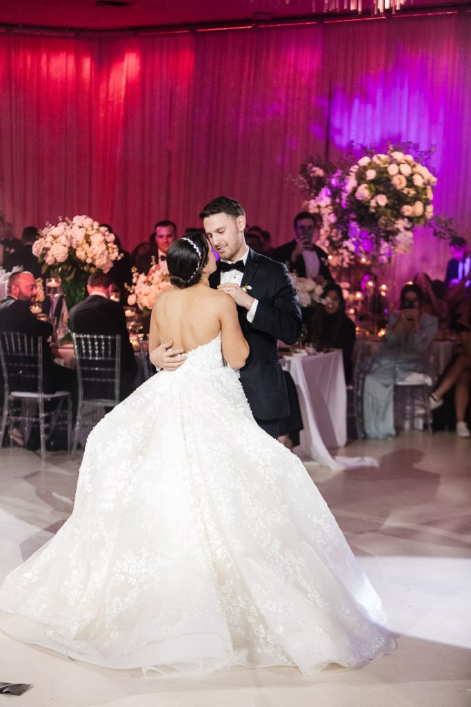 Bride and groom during their first dance at Beth Torah in Aventura.