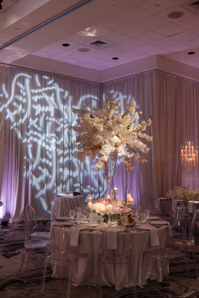 Elegant wedding centerpiece featuring lush florals and greenery on reception table