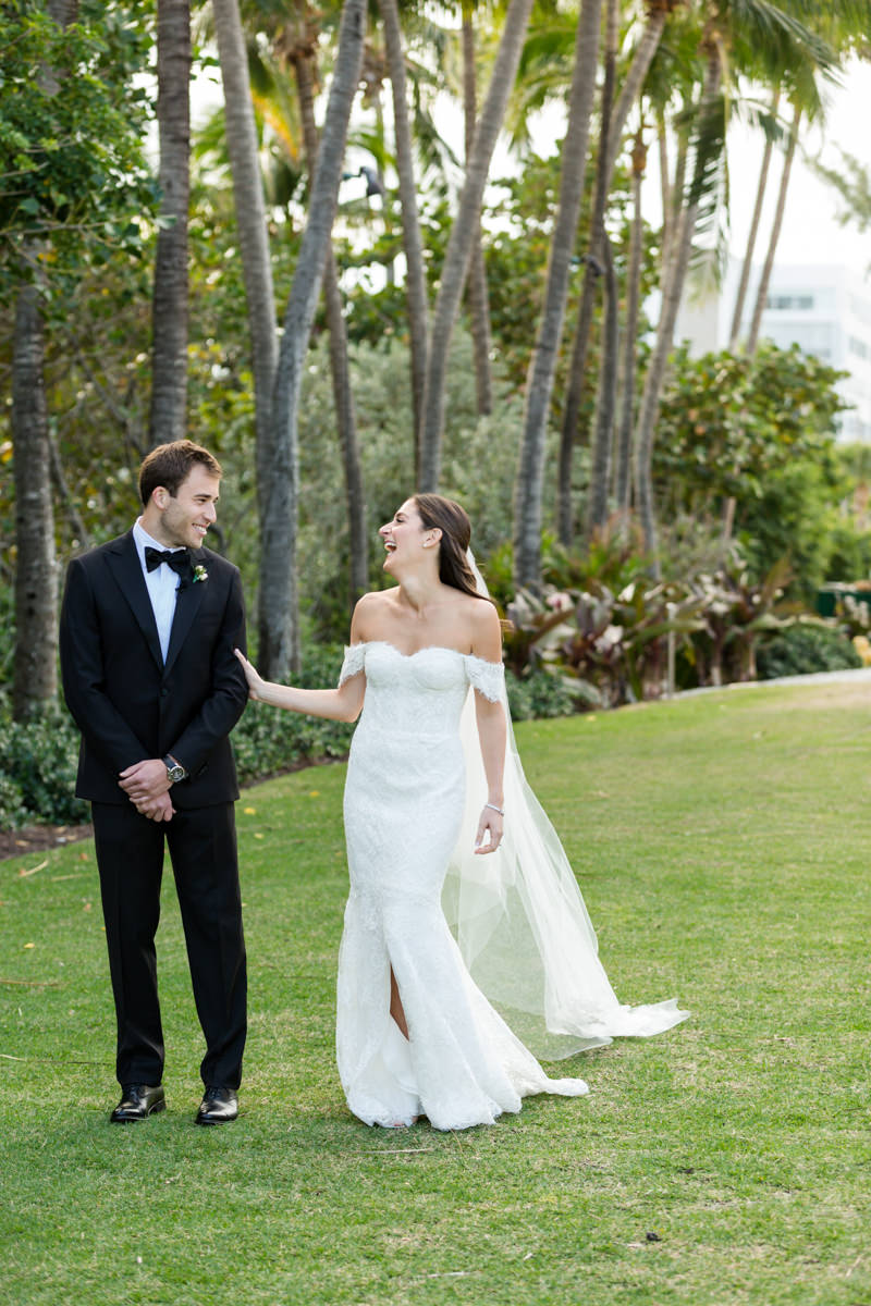 First look with a bride and groom during a wedding at the Ritz Carlton in Key Biscayne.