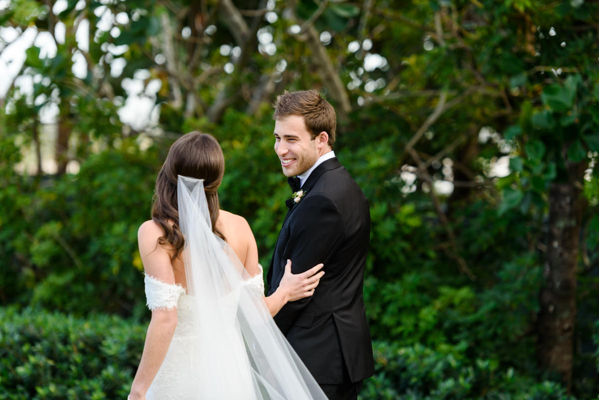 A first look with a bride and groom at the Ritz Carlton on Key Biscayne.