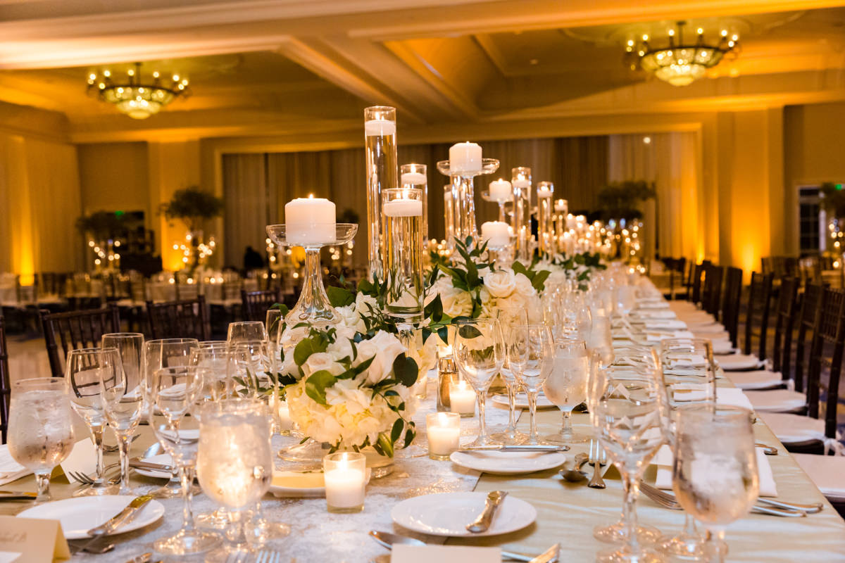 Candlelit wedding decor in the ballroom at the Ritz Carlton on Key Biscayne.