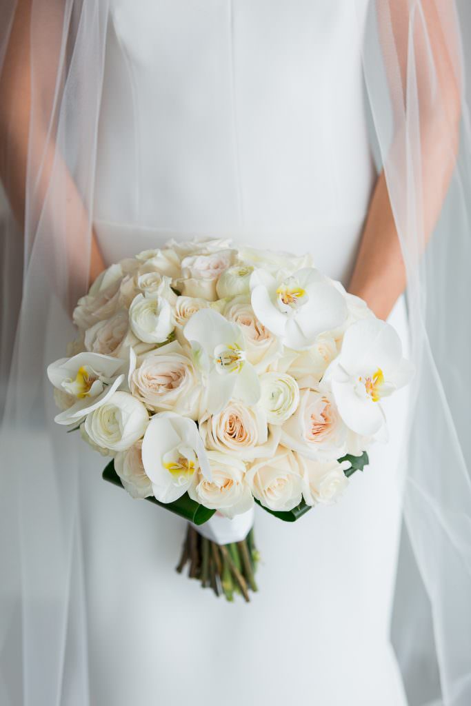 A bouquet of white orchids and blush roses at the Edition on Miami Beach.
