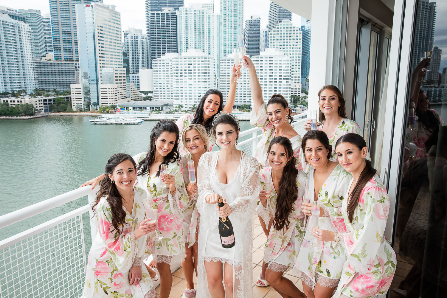Bridesmaids share a champagne toast at the Mandarin Oriental in Brickell.