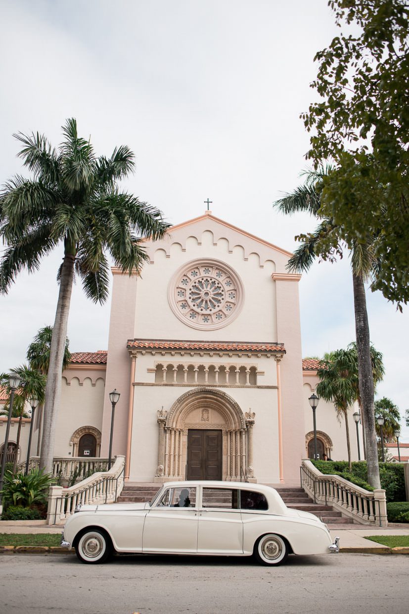 Vintage rolls royce in front of St. Patrick's church in Miami Beach.