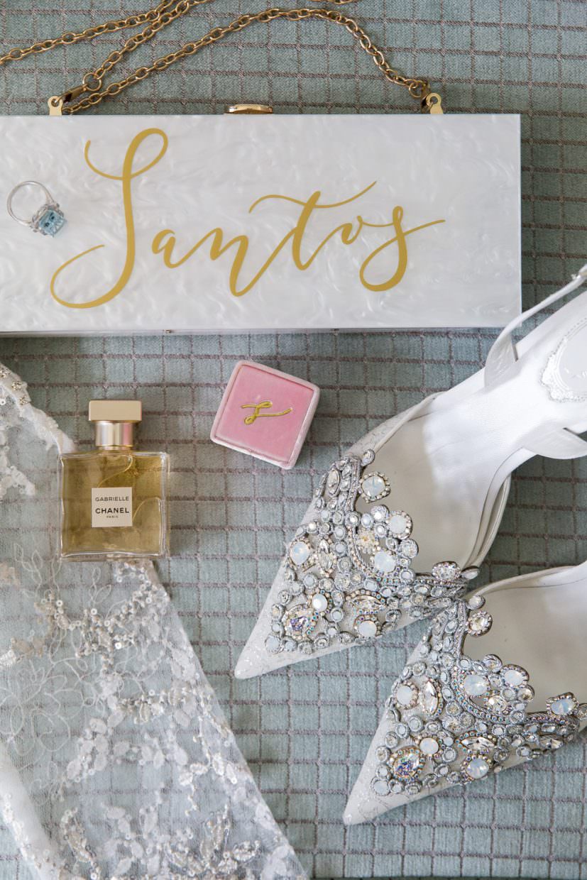 Brides shoes and custom jewelry box during bridal preparation at the Biltmore Hotel.