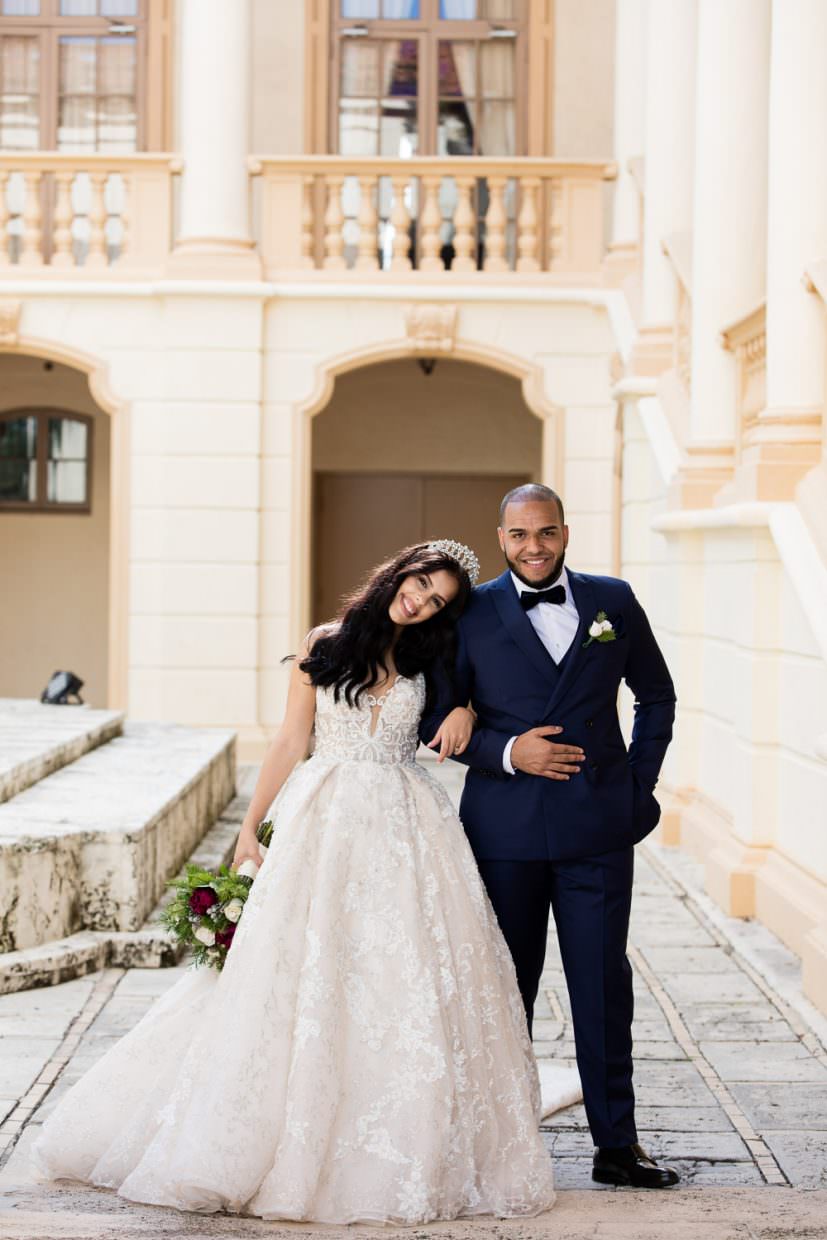 Bride and groom share a first look at the Biltmore hotel in Coral Gables.