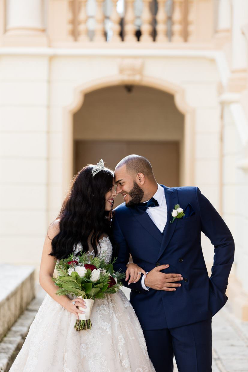 Bride and groom share a first look at the Biltmore hotel in Coral Gables.