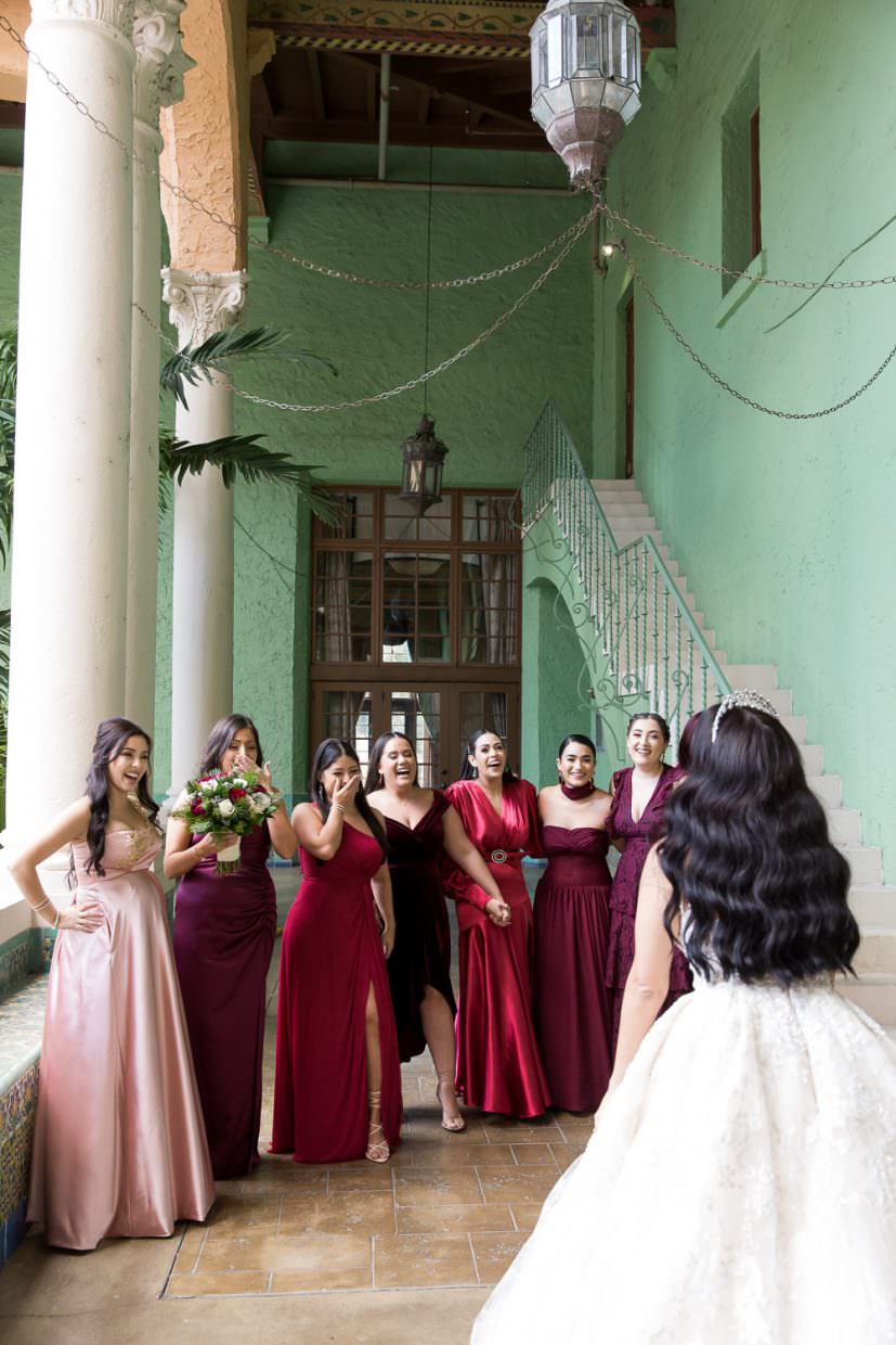 First look with bridesmaids at the Biltmore hotel in Coral Gables.