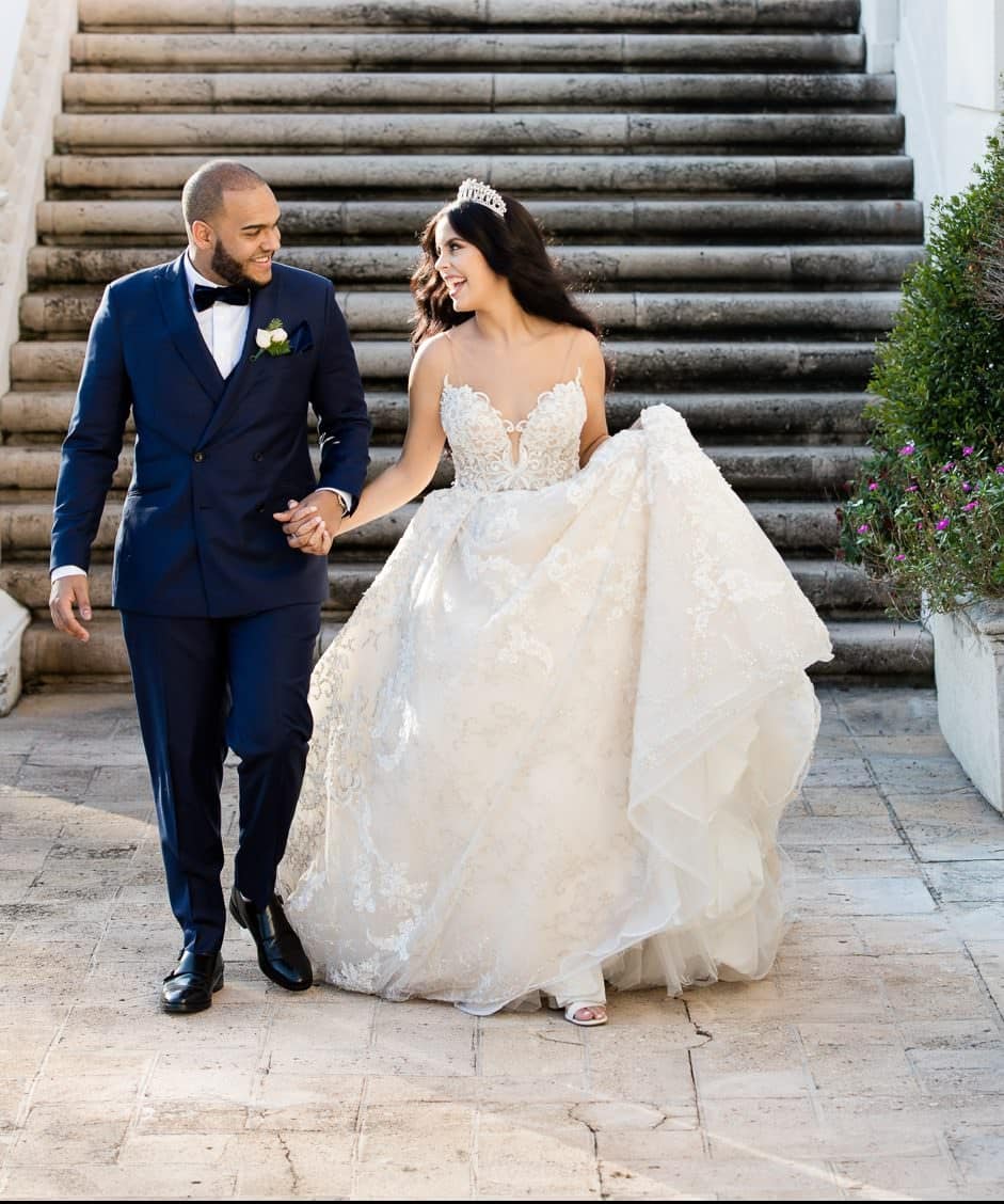 Bride and groom at the Biltmore Hotel in Miami.