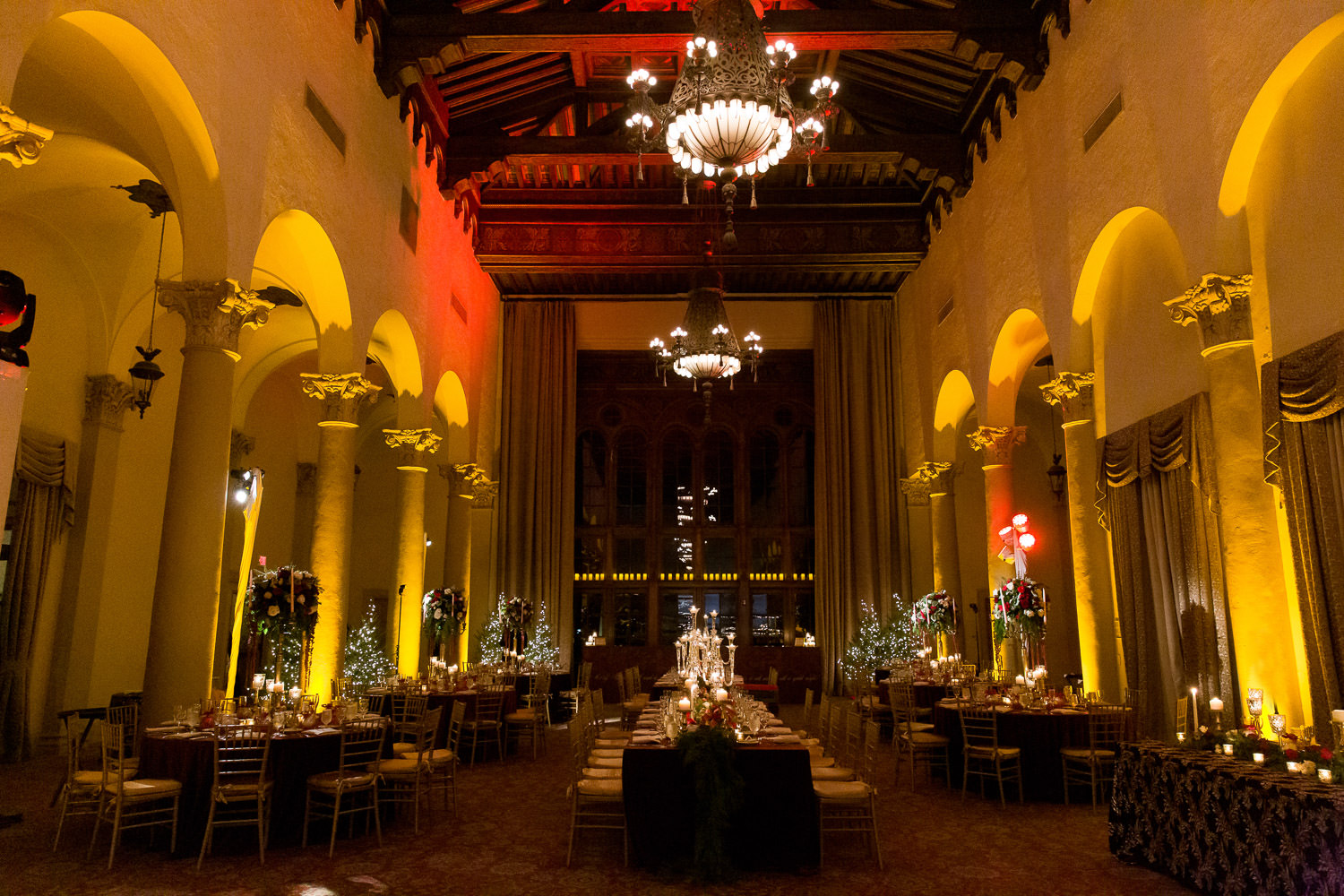 Christmas wedding decor in the country club ballroom at the Biltmore Hotel in Miami.