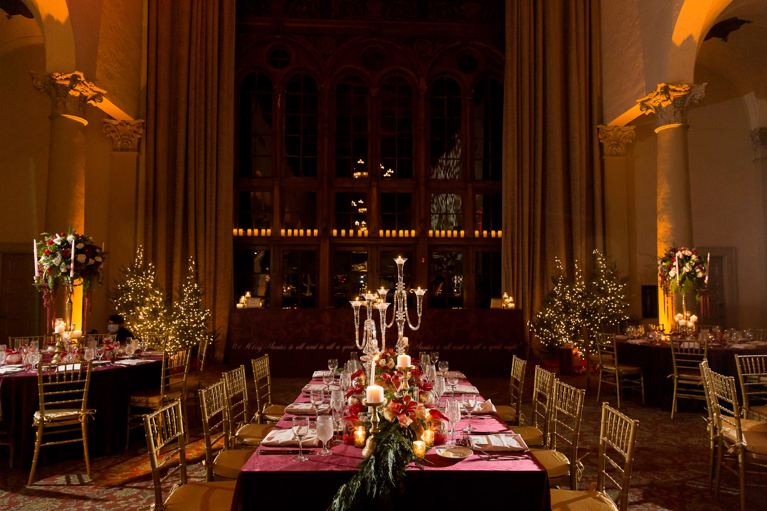 Christmas wedding decor in the country club ballroom at the Biltmore Hotel in Miami.