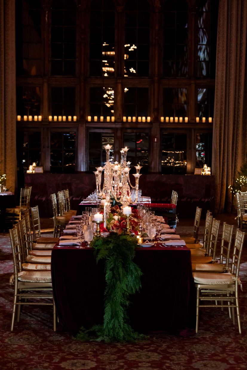 Christmas wedding decor in the country club ballroom at the Biltmore Hotel in Miami.