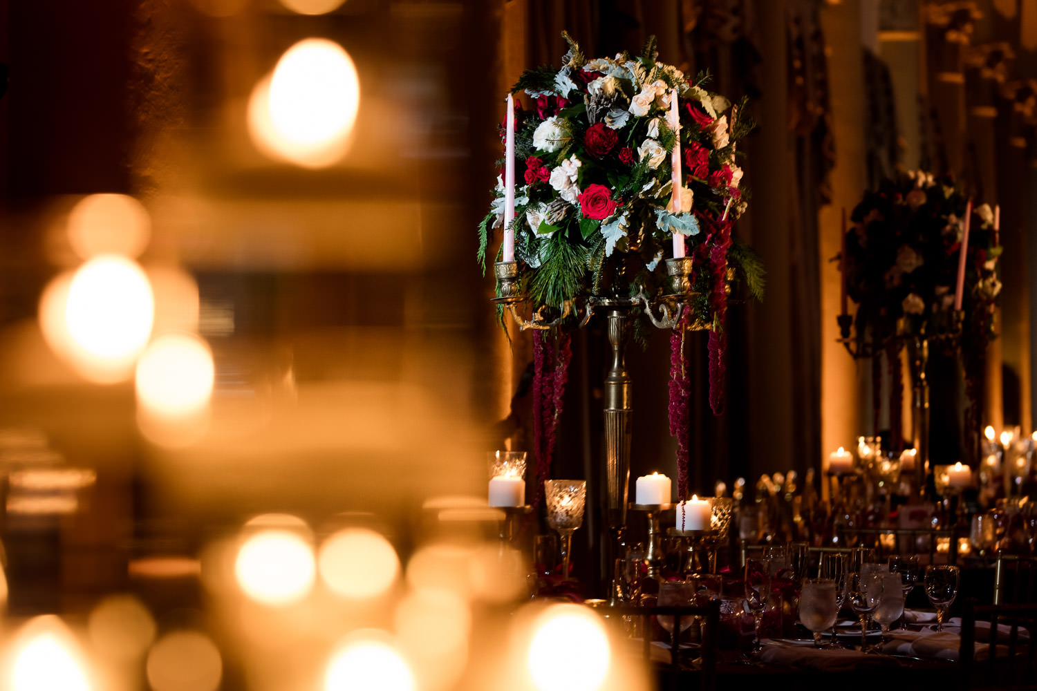 Christmas wedding decor in the country club ballroom at the Biltmore Hotel in Miami.