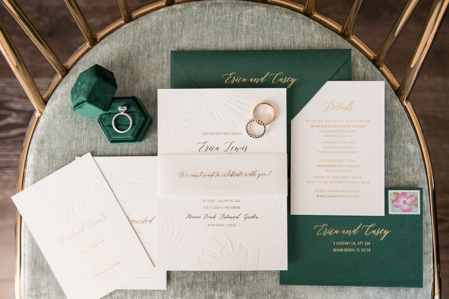 A wedding invitation for a Miami Beach botanical garden wedding.