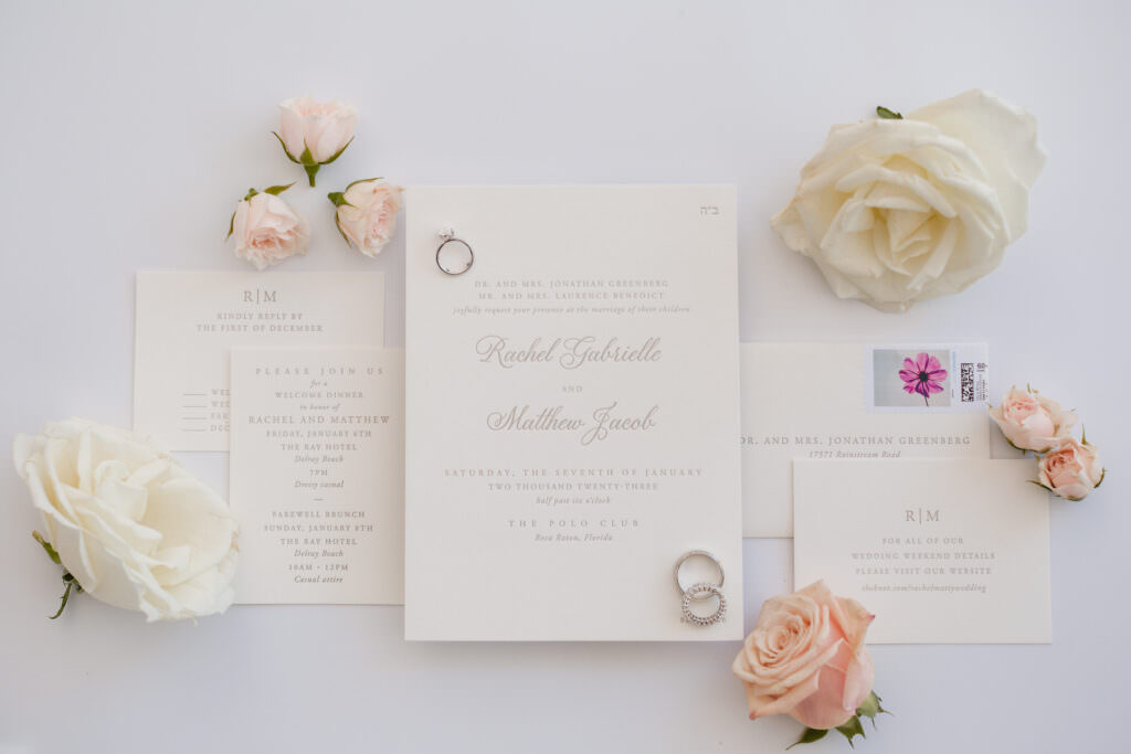 Wedding rings with floral accents during Rachel and Matthew’s wedding