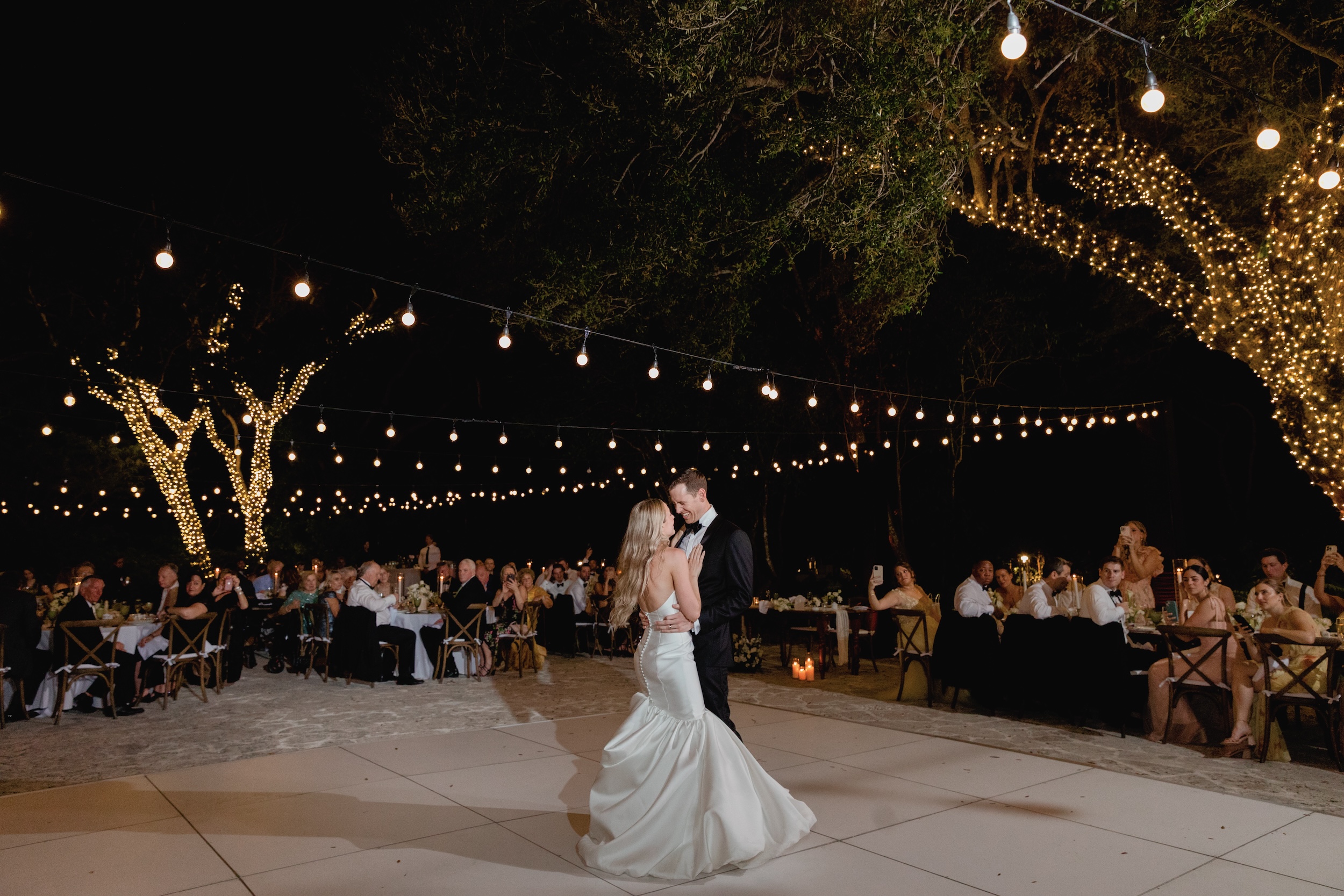 Bride and Groom on Open Air Dance Floor at Deering Estate Wedding