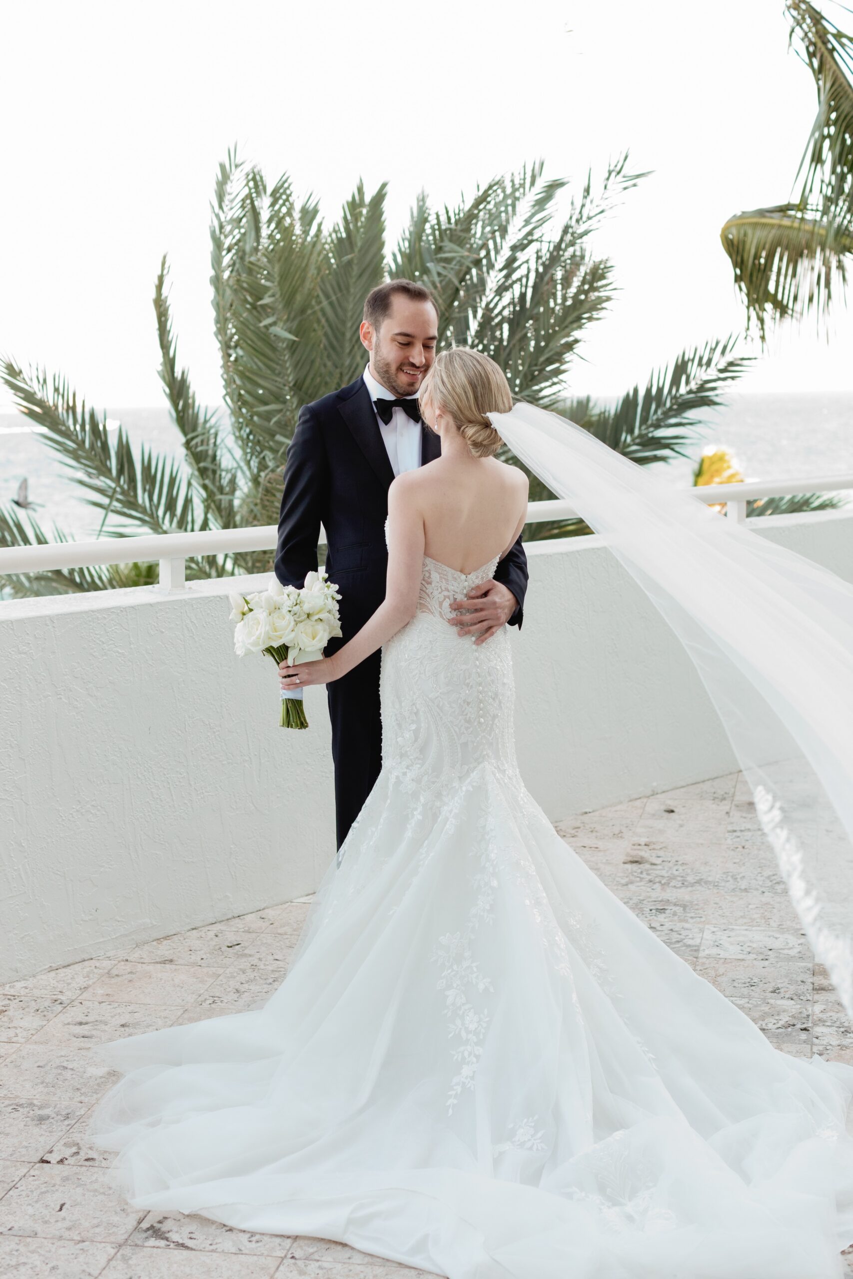 Bride and Groom on Balcony at The Ritz Carlton Fort Lauderdale Wedding